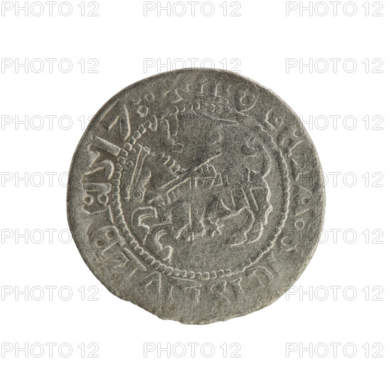 Lithuanian half-grosz, Sigismund I the Old (king of Poland; 1506–1548). Obverse: Pursuer (Lithuanian emblem) turned left; inscription in rim between pearl borders: + COIN:SIGISMVNDI:1517:. Reverse: Crowned Polish eagle; inscription in rim between pearl borders: + MAGNI:DV, LITVANIE:. Dated 1517. Grand Duchy of Lithuania, Vilnius.