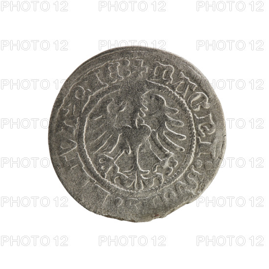 Lithuanian half-grosz, Sigismund I the Old (king of Poland; 1506–1548). Obverse: Pursuer turned left; in rim between pearl borders an inscription: + COIN:SIGISMVNDI:1517:. Reverse: Polish crowned eagle; in rim between pearl borders an inscription: + MAGNI:DV, LITVANIE:, 1517. Polish coin of the Jagiellon dynasty; Grand Duchy of Lithuania; Vilnius.