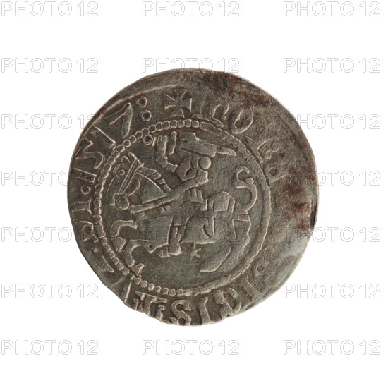 Lithuanian half-grosz, Sigismund I the Old (king of Poland; reign 1506–1548). Obverse: Pursuer (Lithuanian emblem) turned left; inscription in rim between pearl borders: + MONE, IGIS, 1517. Reverse: Crowned Polish eagle; inscription in rim between pearl borders: + MA, I:DVCIS:LITVANIE:, 1517. Jagiellon dynasty; Grand Duchy of Lithuania; coin.