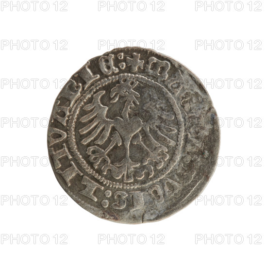 Lithuanian half-grosz, Sigismund I the Old (king of Poland; 1506–1548). Obverse: Pursuer (Lithuanian emblem) turned left; rim between pearl borders with inscription '+ MONE, IGIS, 1517'. Reverse: Crowned Polish eagle; rim between pearl borders with inscription '+ MA, I:DVCIS:LITVANIE:, 1517'. Polish coin of the Jagiellon dynasty; Grand Duchy of Lithuania, Vilnius.
