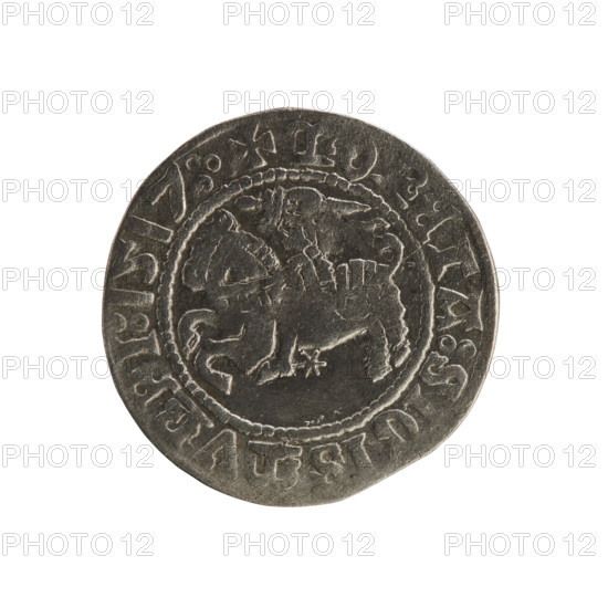 Lithuanian half-grosz, Sigismund I the Old (king of Poland; 1506–1548). Silver coin, 1517. Obverse: Pursuer (Lithuanian emblem) turned left; rim between pearl borders with inscription '+ COIN:SIGISMVNDI:1517:'. Reverse: Polish crowned eagle; rim between pearl borders with inscription '+ MAGNI:DVCIS:LITVANIE:'. Grand Duchy of Lithuania; Vilnius; Jagiellon dynasty; emblems: eagle, pursuer.