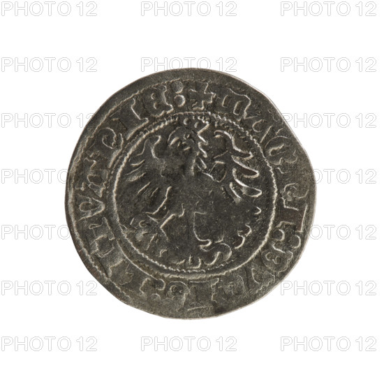 Lithuanian half-grosz, Sigismund I the Old (king of Poland; 1506–1548). Obverse: Pursuer (Lithuanian emblem) turned left; in the rim between pearl borders an inscription: + COIN:SIGISMVNDI:1517:. Reverse: Polish crowned eagle; in the rim between pearl borders an inscription: + MAGNI:DVCIS:LITVANIE:. Dated 1517. Grand Duchy of Lithuania, Vilnius.