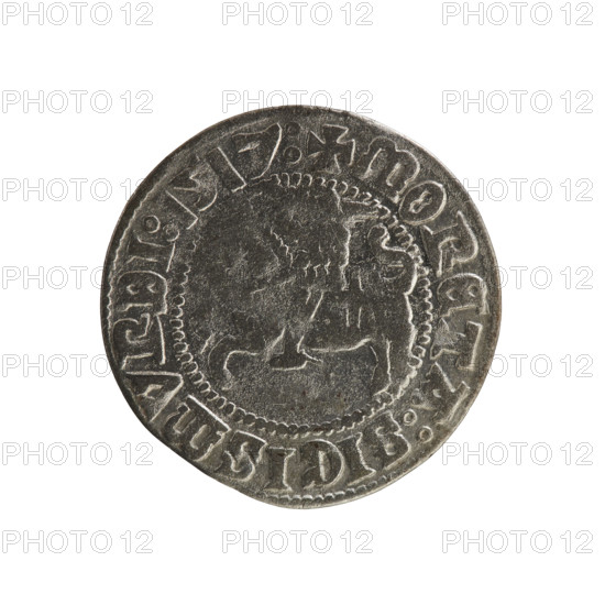 Lithuanian half-grosz, Sigismund I the Old (king of Poland; 1506–1548). Coin (1517). Obverse: Pursuer (Lithuanian emblem) turned left; rim inscription between pearl borders: + COIN:SIGISMVNDI:1517:. Reverse: Polish crowned eagle; rim inscription between pearl borders: + MAGNI:DVCIS:LITVANIE:. Emblems: eagles; Jagiellon dynasty. Grand Duchy of Lithuania; Vilnius; Poland.