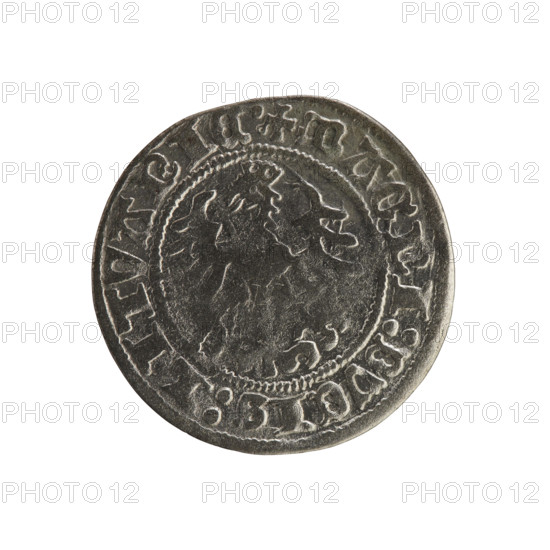 Lithuanian half-grosz, Sigismund I the Old (king of Poland; 1506–1548). Obverse: Pursuer (Lithuanian emblem) turned left; in the rim between pearl borders an inscription: + COIN:SIGISMVNDI:1517:. Reverse: Polish crowned eagle; in the rim between pearly borders an inscription: + MAGNI:DVCIS:LITVANIE:. Dated 1517. Grand Duchy of Lithuania; Vilnius.