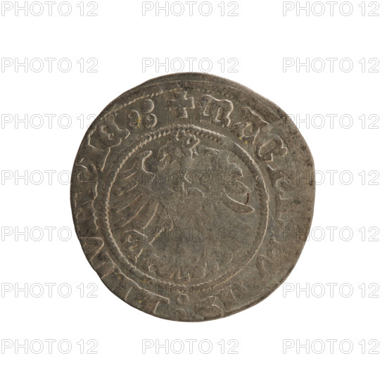 Lithuanian half-grosz, Sigismund I the Old (king of Poland; 1506–1548). Silver coin, 1517. Obverse: Pursuer (Lithuanian emblem) turned left; rim between pearl borders with inscription T. SIGISMVNDI:1517:. Reverse: Crowned Polish Eagle; rim between pearl borders with inscription + MAGNI,:LITVANIE.:. Jagiellon dynasty, Grand Duchy of Lithuania, Vilnius.