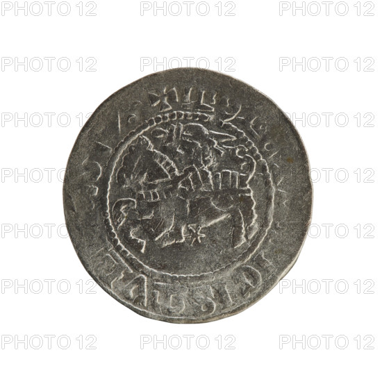 Lithuanian half-grosz, Sigismund I the Old (king of Poland; 1506–1548). Polish coin (Jagiellon dynasty). Obverse: Pursuer (Lithuanian emblem) turned left; in rim between pearl borders an inscription: + MO, IGISMVN, 1517. Reverse: Crowned Polish eagle; in rim between pearl borders an inscription: + MAGNI:DVCIS:LITV, IE, 1517. Grand Duchy of Lithuania; Vilnius, Poland.