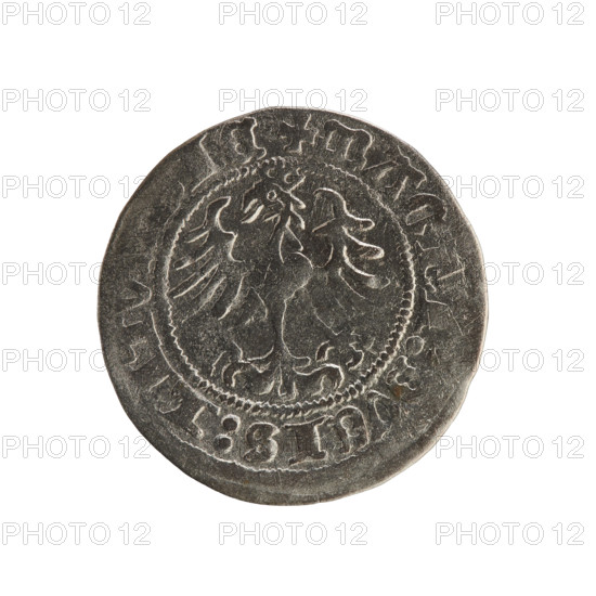 Lithuanian half-grosz, Sigismund I the Old (king of Poland; reign 1506–1548). Silver coin (1517). Obverse: Pursuer (Pogonia) turned left; rim between pearl borders with inscription '+ MO IGISMVN 1517'. Reverse: Crowned Polish eagle; rim between pearl borders with inscription '+ MAGNI:DVCIS:LITV IE 1517'. Emblems: eagle and Pursuer; Jagiellon dynasty; Grand Duchy of Lithuania; Poland.