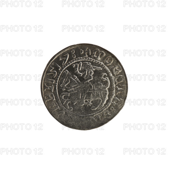 Lithuanian half-grosz, Sigismund I the Old (king of Poland; 1506–1548). R8 (rarity). Polish coin, Jagiellonian dynasty. Obverse: Pogon (Lithuanian coat of arms) turned left; in the rim between pearl borders an inscription: + COIN:S, VNDI 1517. Reverse: Polish crowned eagle; in the rim between pearl borders an inscription: + MAGNI:DVCIS:LITV E 1517. Grand Duchy of Lithuania, Vilnius.