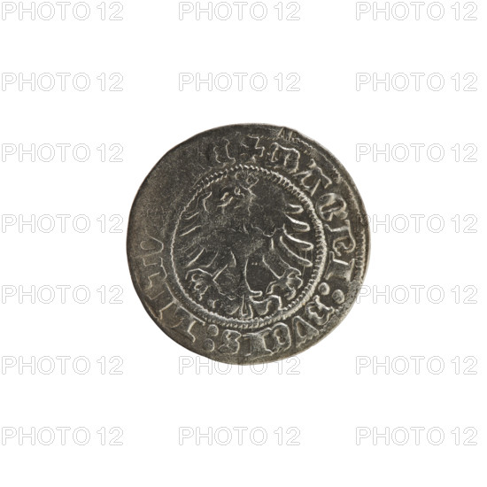 Lithuanian half-grosz, Sigismund I the Old (king of Poland; 1506–1548). R8 (rarity). Polish coin, Jagiellonian dynasty. Obverse: Pogon (Chase) turned left; in the rim between pearl borders an inscription: + COIN:S, VNDI 1517. Reverse: Polish crowned eagle; in the rim between pearl borders an inscription: + MAGNI:DVCIS:LITV E 1517. Grand Duchy of Lithuania, Vilnius.