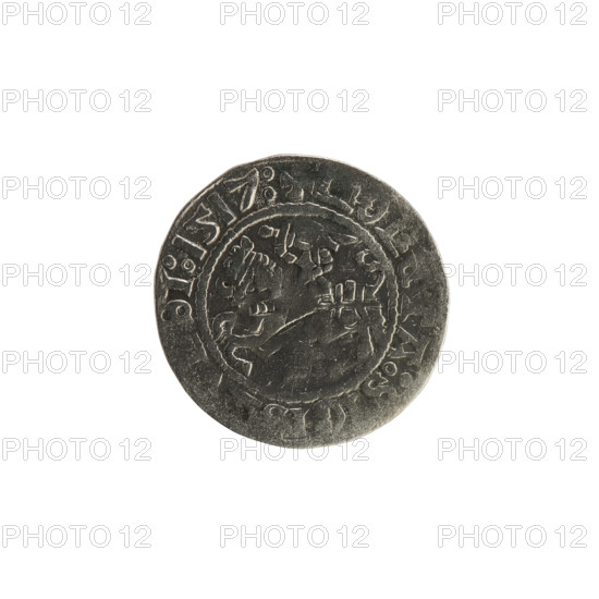 Lithuanian half-grosz, Sigismund I the Old (King of Poland; 1506–1548). Obverse: Pogon (Lithuanian coat of arms) turned left; rim between pearl borders inscribed '+ MO, TA:SIGI, DI:1517:'. Reverse: crowned Polish Eagle; rim between pearl borders inscribed '+ MAGNI, VCI, :LITVA, 1517'. Polish coin of the Jagiellon dynasty, Grand Duchy of Lithuania, Vilnius, 1517.