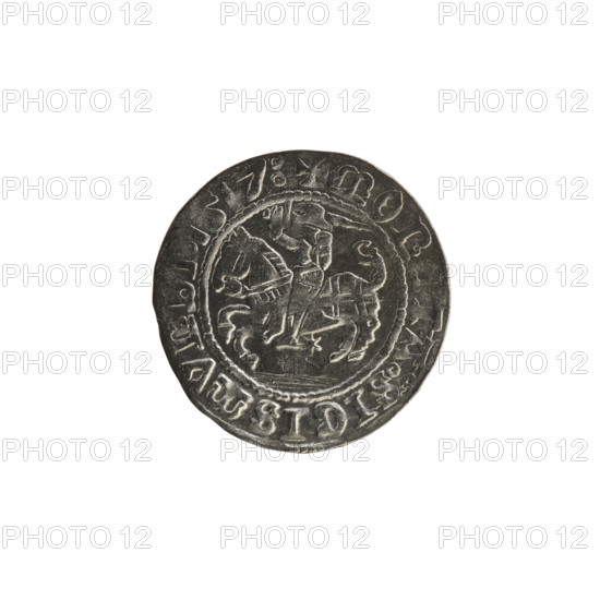 Lithuanian half-grosz, Sigismund I the Old (king of Poland; 1506–1548). Obverse: Pogon (Lithuanian coat of arms) turned left; in the rim between pearl borders an inscription: + MON, TA:SIGISMVNDI, 1517. Reverse: Polish crowned eagle; in the rim between pearl borders an inscription: + MAGNI:DVCIS:LITVANIE., 1517. Grand Duchy of Lithuania, Vilnius; coin; Jagiellonian period; eagles; coats of arms.
