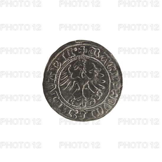 Lithuanian half-grosz, Sigismund I the Old (king of Poland; 1506–1548). Obverse: Pogon turned left; in the rim between pearl borders an inscription: + MON TA:SIGISMVNDI, 1517. Reverse: Polish crowned eagle; in the rim between pearl borders an inscription: + MAGNI:DVCIS:LITVANIE., 1517. Grand Duchy of Lithuania, Vilnius. Polish coin, Jagiellonian period. R8 (rarity).