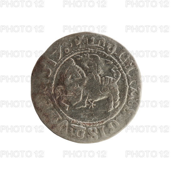 Lithuanian half-grosz, Sigismund I the Old (King of Poland; 1506–1548). Obverse: Pogon (Lithuanian coat of arms) turned left; in the rim between pearly borders an inscription: + MONETA:S, GISMV, 1517. Reverse: Polish crowned eagle; in the rim between pearly borders an inscription: + MAG, I, DVCIS:LITVANIE:. Silver coin (half-grosz), Grand Duchy of Lithuania, Vilnius, Poland; Jagiellon dynasty; coats of arms.