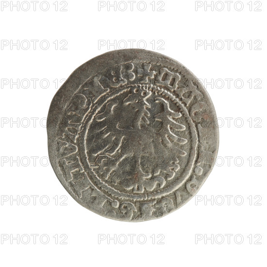 Lithuanian half-grosz, Sigismund I the Old (King of Poland; 1506–1548). Obverse: Pogon (Lithuanian coat of arms) turned left; in the rim between pearly borders an inscription: + MONETA:S GISMV 1517. Reverse: crowned Polish eagle; in the rim between pearly borders an inscription: + MAG I DVCIS LITVANIE 1517. Silver coin (half-grosz) from the Grand Duchy of Lithuania, struck in Vilnius, 1517.