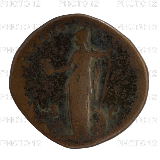 Sestertius; obverse: bust of young Marcus Aurelius without a covering, in paludamentum, right, inscription RELIVS - SAR A, all around; reverse: Minerva standing left, holding an owl in her outstretched right hand and a spear in her left, a shield at her feet, legend T VIIII - , all around, in SC. fields. Issuer: Antoninus Pius; also references Marcus Aurelius (heir to the throne). Iconography: Minerva, owls, shields, spears. Date: 154–155 CE. Roman Empire (27 BC–476). Rome. Coin (sestertius): diameter 28.5–31.0 mm, weight 21.90 g, axis 345°.