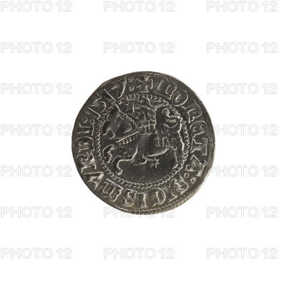 Lithuanian half-grosz, Sigismund I the Old (King of Poland; 1506–1548). Obverse: Pogon (Lithuanian coat of arms) turned left; in the rim between pearly borders an inscription: + MONETA:SIGISMVNDI:1517:. Reverse: Polish crowned eagle; in the rim between pearly borders an inscription: + MAGNI:DVCIS:LITVANIE. 1517. Silver coin, Grand Duchy of Lithuania (Vilnius, Poland), Jagiellon dynasty.