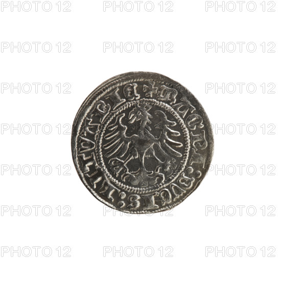 Lithuanian half-grosz, Sigismund I the Old (King of Poland; 1506–1548). Obverse: Pogon (Lithuanian coat of arms) turned left; in the rim between pearly borders an inscription: + MONETA:SIGISMVNDI:1517:. Reverse: crowned Polish eagle; in the rim between pearly borders an inscription: + MAGNI:DVCIS:LITVANIE. Dated 1517. Grand Duchy of Lithuania (Vilnius), coin.