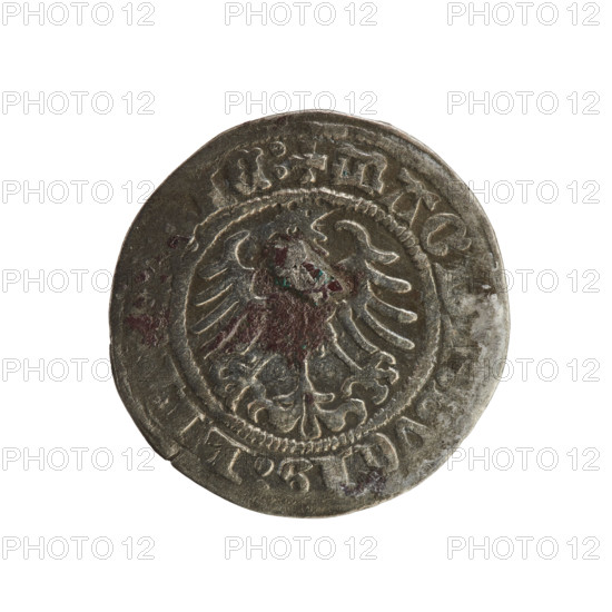 Lithuanian half-grosz, Sigismund I the Old (King of Poland; 1506–1548). Silver coin (half-grosz), 1517. Obverse: Pogon (Lithuanian mounted knight) turned left; rim between pearl borders with inscription 'NETA VNDI 1' (as read). Reverse: Crowned Polish Eagle; rim between pearl borders with inscription '+ MAG VCIS LI IE 1517'. Jagiellon dynasty emblematic motifs; emblems include eagle and Pogon. Minted in Vilnius, Grand Duchy of Lithuania (Poland–Lithuania).
