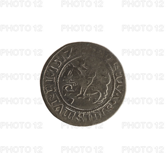 Lithuanian half-grosz, Sigismund I the Old (King of Poland; 1506–1548). 1517. Obverse: Pogon (Lithuanian coat of arms) turned left; inscription in rim between pearl borders: NETA, SIGISMVNDI:1517:. Reverse: Polish crowned eagle; inscription in rim between pearl borders: + MAGNI:DVCI, LITVANIE:, 1517. Grand Duchy of Lithuania; coin.