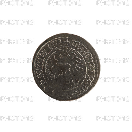 Lithuanian half-grosz, Sigismund I the Old (King of Poland; 1506–1548). Obverse: Pogon (Lithuanian coat of arms) turned left; in the rim between pearl borders an inscription: NETA, SIGISMVNDI:1517:. Reverse: Crowned Polish eagle; in the rim between pearl borders an inscription: + MAGNI:DVCI, LITVANIE:, 1517. Grand Duchy of Lithuania; coin.