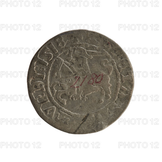 Lithuanian half-grosz, Sigismund I the Old (king of Poland; 1506–1548). R8 (rarity). Polish coin of the Jagiellonian dynasty; Grand Duchy of Lithuania, Vilnius, 1518. Obverse: Chaser turned left; in the rim between pearly borders an inscription: ETA, MVNDI:1518. Reverse: Polish crowned eagle; in the rim between pearl borders an inscription: + MAGNI:D, ITVANIE., 1518. Coats of arms (eagles, Chaser). Coin.