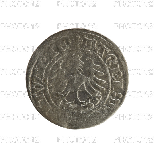 Lithuanian half-grosz, Sigismund I the Old (king of Poland; 1506–1548). R8 (rarity). Polish coin, Jagiellonian dynasty. Obverse: Chaser (Lithuanian coat of arms) turned left; in the rim between pearl borders an inscription: ETA, MVNDI:1518. Reverse: Polish crowned eagle; in the rim between pearl borders an inscription: + MAGNI:D, ITVANIE., 1518. Grand Duchy of Lithuania — Vilnius.