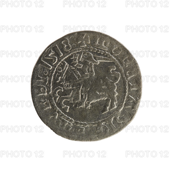 Lithuanian half-grosz, Sigismund I the Old (king of Poland; 1506–1548). Silver coin, 1518. Obverse: Pursuer (Pogonia) turned left; in the rim between pearl borders an inscription: + MO ETA SIG VNDI 1518. Reverse: Crowned Polish eagle; in the rim between pearly borders an inscription: + MAGNI DV IS LITVANIE 1518. Grand Duchy of Lithuania, Vilnius. Jagiellon dynasty; emblems: eagle and Pursuer.
