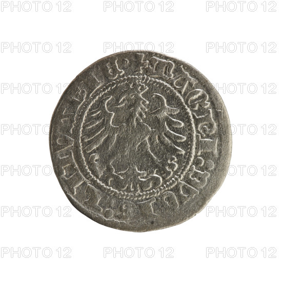 Lithuanian half-grosz, Sigismund I the Old (king of Poland; 1506–1548). Silver coin (half-grosz), 1518. Obverse: Pursuer (Lithuanian emblem) turned left; rim between pearl borders with inscription '+ MO, ETA, SIG, VNDI, 1518'. Reverse: Polish crowned eagle; rim between pearl borders with inscription '+ MAGNI:DV, IS:LITVANIE., 1518'. Emblems: eagle and Pursuer. Grand Duchy of Lithuania, Vilnius; Poland. Jagiellon dynasty.