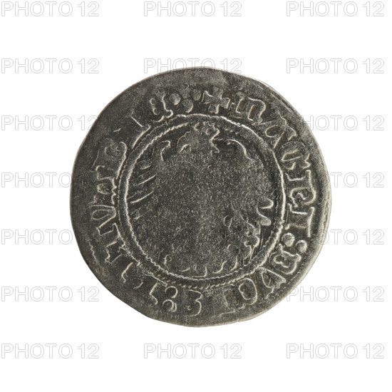 Lithuanian half-grosz, Sigismund I the Old (king of Poland; 1506–1548). Obverse: Pursuer (Lithuanian emblem) turned left; in the rim between pearl borders an inscription: + COIN:SIGISMVNDI:1518:. Reverse: Polish eagle with a crown; in the rim between pearly borders an inscription: + MAGNI:DVCIS:LITVANIE. Jagiellons dynasty; emblems: eagles. Coin, 1518.