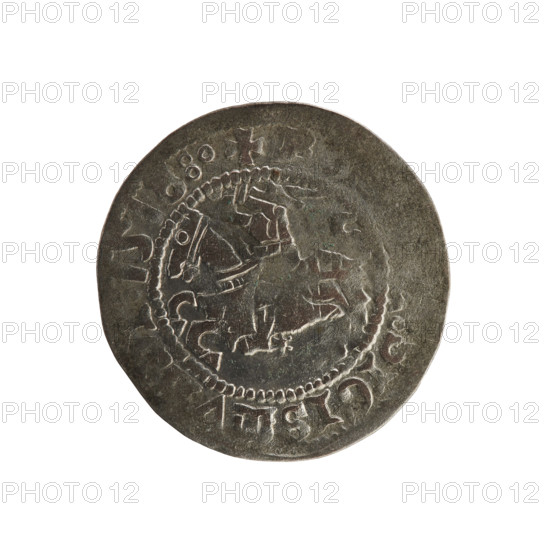 Lithuanian half-grosz, Sigismund I the Old (king of Poland; 1506–1548). Obverse: Pursuer (Lithuanian emblem) turned left; in the rim between pearl borders an inscription: + SIGISMV 1518. Reverse: Polish crowned eagle; in the rim between pearly borders an inscription: + MAG I:DVCIS: IE. 1518. Polish coin, Grand Duchy of Lithuania, Vilnius.
