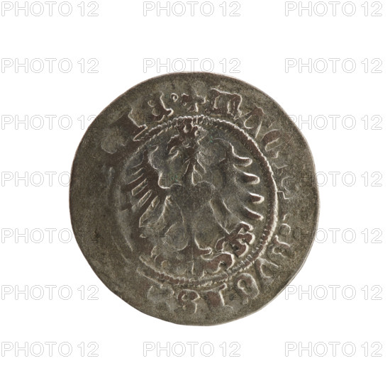 Lithuanian half-grosz, Sigismund I the Old (king of Poland; 1506–1548). Obverse: Pursuer (Lithuanian emblem) turned left; in rim between pearl borders an inscription: + SIGISMV 1518. Reverse: Polish crowned eagle; in rim between pearl borders an inscription: + MAG I:DVCIS: IE. 1518. Silver coin, Grand Duchy of Lithuania (Vilnius), Jagiellon period; emblems: eagle and pursuer.