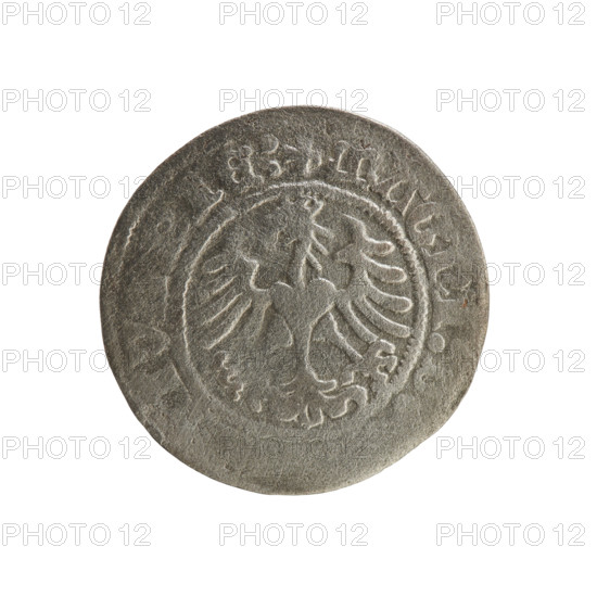 Lithuanian half-grosz, Sigismund I the Old (King of Poland; 1506–1548). Obverse: Pogon (Lithuanian coat of arms) turned left; in the rim between pearly borders an inscription: + MONE, I:1518:. Reverse: crowned Polish eagle; in the rim between pearly borders an inscription: + MAGNI:, VA, IE:, 1518. 16th-century Polish–Lithuanian coin, Jagiellon dynasty; coats of arms.