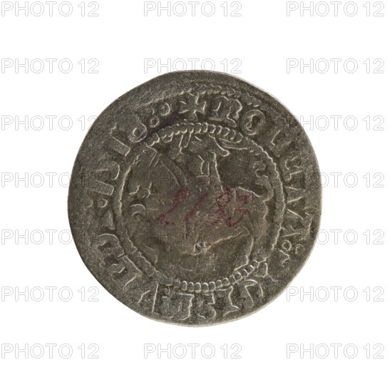 Lithuanian half-grosz, Sigismund I the Old (king of Poland; 1506–1548). R8 (rarity). Polish coin from the Jagiellonian dynasty, 1518. Obverse: Chaser (Lithuanian coat of arms) turned left; in the rim between pearl borders an inscription: + COIN:, IGISMVNDI:1518:. Reverse: crowned Polish eagle; in the rim between pearl borders an inscription: + MAGNI, IS:LITVANIE., 1518. Grand Duchy of Lithuania (Vilnius), Poland.