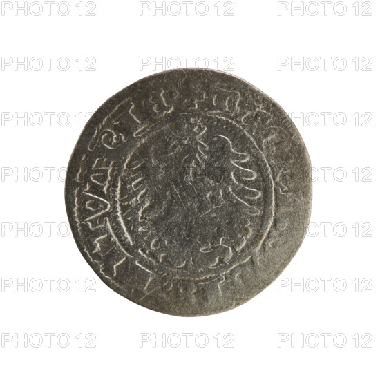Lithuanian half-grosz, Sigismund I the Old (king of Poland; 1506–1548). R8 (rarity). Polish coin from the Jagiellonian period. Obverse: Chaser (Lithuanian coat of arms) turned left; in the rim between pearl borders an inscription: + COIN:, IGISMVNDI:1518:. Reverse: Polish eagle with a crown; in the rim between pearly borders an inscription: + MAGNI, IS:LITVANIE., 1518. Grand Duchy of Lithuania, Vilnius; coin.