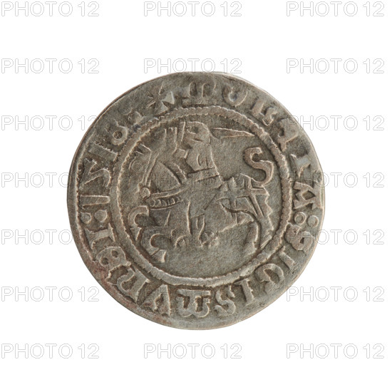 Lithuanian half-grosz, Sigismund I the Old (king of Poland; 1506–1548). Obverse: Pursuer (Lithuanian emblem) turned left; in rim between pearl borders an inscription: +ONTA:IGISMVNDI:1518:. Reverse: Polish crowned eagle; in rim between pearl borders an inscription: +MAGNI:DVCIS:LITVANIE:; dated 1518. Jagiellon dynasty; Grand Duchy of Lithuania; coin.