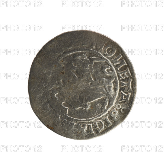 Lithuanian half-grosz, Sigismund I the Old (King of Poland; 1506–1548). Polish coin of the Jagiellon dynasty. Obverse: Pogon (Lithuanian mounted knight) turned left; in the rim between pearl-shaped borders an inscription. Reverse: Polish crowned eagle; in the rim between pearl-shaped borders an inscription. Date: 1508–1529. Mint: Vilnius, Grand Duchy of Lithuania. Materials/function: coin.