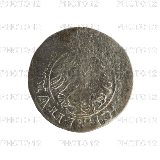 Lithuanian half-grosz, Sigismund I the Old (King of Poland; 1506–1548). Silver coin (half-grosz), Polish–Lithuanian, Jagiellon dynasty. Obverse: Pogon (Lithuanian knight) turned left; in the rim between pearl-shaped borders an inscription: O ETA:SIGIS. Reverse: Polish crowned eagle; in the rim between pearl-shaped borders an inscription: CIS:LITVA. Date: 1508–1529. Minted in Vilnius (Grand Duchy of Lithuania).