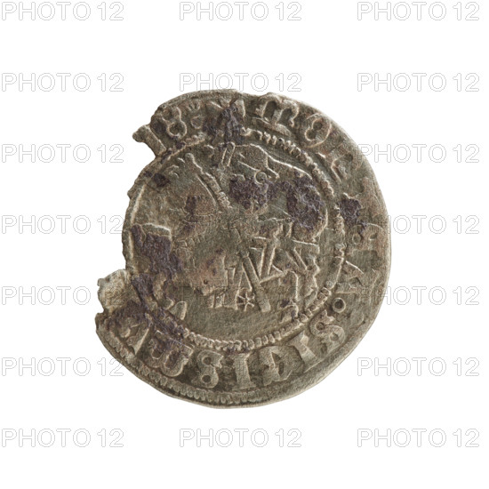 Lithuanian half-grosz, Sigismund I the Old (King of Poland; 1506–1548). Obverse: Pogon (Lithuanian mounted knight) turned left; in rim between pearl-shaped borders an inscription MON:SIGISMV:18:. Reverse: Polish crowned eagle; in rim between pearl-shaped borders an inscription NI:DVCIS:LITVANIE. Dated 1518. Grand Duchy of Lithuania (Vilnius). Polish coin; Jagiellon dynasty; emblems: eagle, Pogon.