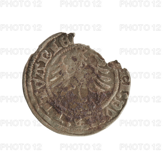 Lithuanian half-grosz, Sigismund I the Old (King of Poland; 1506–1548). Obverse: Pogon (mounted knight) facing left; in the rim between pearl-shaped borders an inscription: MON:SIGISMV:18:. Reverse: Polish crowned eagle; in the rim between pearl-shaped borders an inscription: NI:DVCIS:LITVANIE. Dated 1518. Grand Duchy of Lithuania (Vilnius). Coin; Jagiellon dynasty; emblems: eagle, Pogon.
