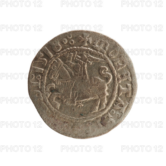 Lithuanian half-grosz, Sigismund I the Old (King of Poland; 1506–1548). Silver coin (half-grosz), 1518. Obverse: Pogon (Lithuanian mounted knight) turned left; in rim between pearl-shaped borders an inscription: + MONETA:S, I:1518:. Reverse: Polish crowned eagle; in rim between pearl-shaped borders an inscription: + MAGNI:DV, I...TVANIE:, 1518. Associated with the Grand Duchy of Lithuania (Vilnius) and Poland; Jagiellon dynasty; emblems: eagle and Pogon.