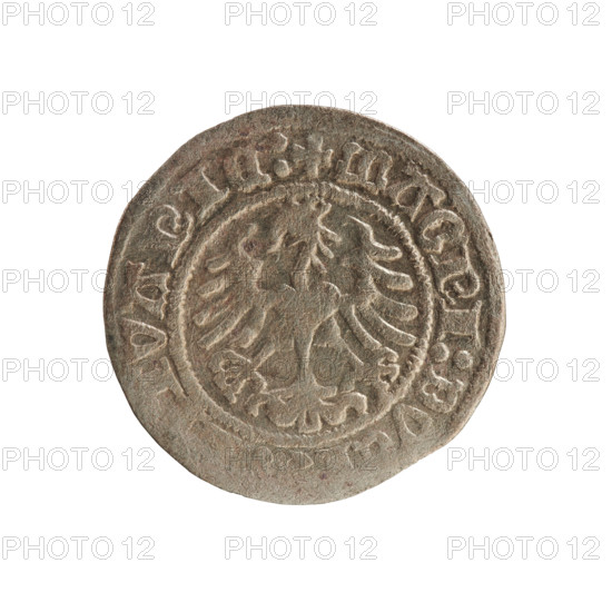 Lithuanian half-grosz, Sigismund I the Old (King of Poland; 1506–1548). Silver coin (half-grosz), 1518. Obverse: Pogon (Lithuanian charging knight) turned left; in the rim between pearl-shaped borders an inscription: + MONETA:S, I:1518:. Reverse: Polish crowned eagle; in the rim between pearl-shaped borders an inscription: + MAGNI:DV, I...TVANIE:, 1518. Associated with the Grand Duchy of Lithuania (Vilnius) and Poland; Jagiellon dynasty; emblems: eagle and Pogon.