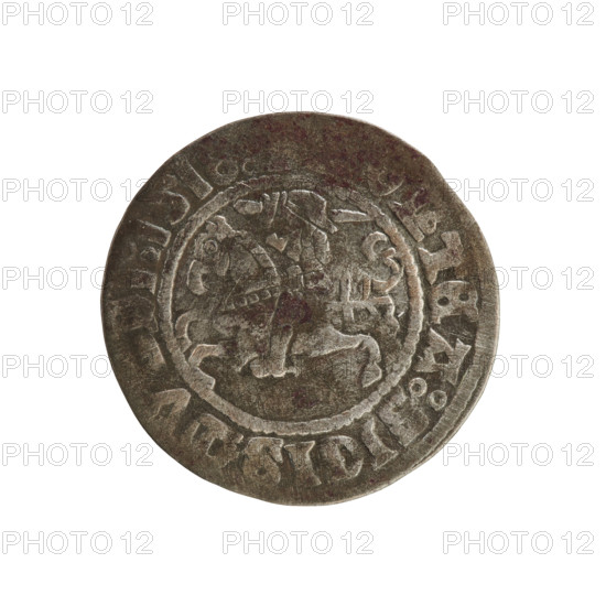 Lithuanian half-grosz, Sigismund I the Old (king of Poland; 1506–1548). Obverse: Pursuer turned left; in the rim between pearl borders an inscription: NTEA:SIGISMV, DI:1518. Reverse: Polish crowned eagle; in the rim between pearl borders an inscription: + MAG, DVCIS:LITVANIE, 1518. Jagiellon dynasty; emblems: eagle and Pursuer. Grand Duchy of Lithuania; Vilnius; Poland; coin.