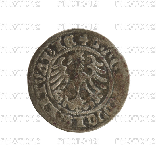 Lithuanian half-grosz, Sigismund I the Old (king of Poland; 1506–1548). Coin (1518). Obverse: Pursuer turned left; in rim between pearl borders an inscription: NTEA:SIGISMV, DI:1518. Reverse: Polish crowned eagle; in rim between pearl borders an inscription: + MAG, DVCIS:LITVANIE, 1518. Emblems: eagle, pursuer. Grand Duchy of Lithuania; Vilnius; Poland. Jagiellon dynasty.