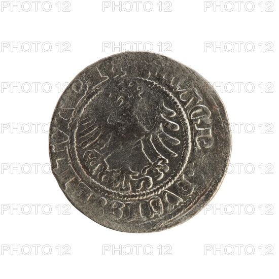 Lithuanian half-grosz, Sigismund I the Old (king of Poland; 1506–1548). Polish coin (1518), Jagiellon dynasty. Obverse: Pursuer turned left; in the rim between pearl borders an inscription: SMVNDI, 1518. Reverse: Crowned Polish Eagle; in the rim between pearl borders an inscription: AGN, :DVCIS:LITVANI, 1518. Grand Duchy of Lithuania; Vilnius.