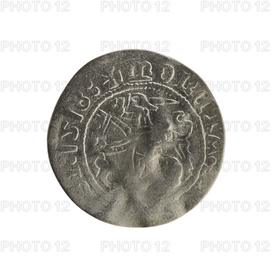 Lithuanian half-grosz, Sigismund I the Old (king of Poland; 1506–1548). Polish coin (1518), Grand Duchy of Lithuania, Vilnius. Obverse: Chaser (Lithuanian coat of arms) turned left; in the rim between pearl borders an inscription: + COIN:, I:1518:. Reverse: crowned Polish Eagle; in the rim between pearl borders an inscription: I:DVCIS:LITVANIE:. R8 (rarity). Jagiellon dynasty; coats of arms, eagles.