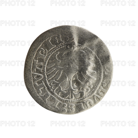 Lithuanian half-grosz, Sigismund I the Old (king of Poland; 1506–1548). Obverse: Chaser (Chaser coat of arms) turned left; in the rim between pearl borders an inscription: + COIN:, I:1518:. Reverse: Polish crowned eagle; in the rim between pearl borders an inscription: I:DVCIS:LITVANIE:. 1518. Grand Duchy of Lithuania, Vilnius. Polish coin; Jagiellon dynasty; coats of arms; eagles. R8 (rarity).