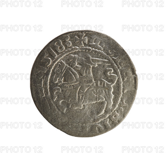 Lithuanian half-grosz, Sigismund I the Old (king of Poland; 1506–1548). R8 (rarity). Polish coin, Jagiellon dynasty. Obverse: Chaser turned left; in the rim between pearl borders an inscription: + M, :SI, 1518:. Reverse: Polish crowned eagle; in the rim between pearly borders an inscription: + MAGNI, IS:LIT, A, IE, 1518. Grand Duchy of Lithuania, Vilnius, Poland.