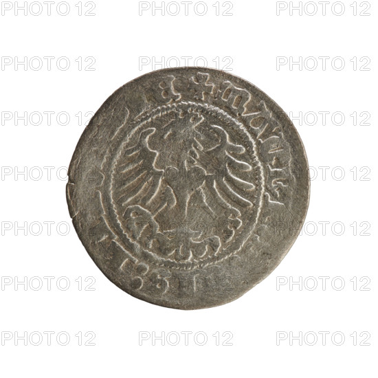 Lithuanian half-grosz, Sigismund I the Old (king of Poland; 1506–1548). R8 (rarity). Polish coin from the Jagiellon dynasty. Obverse: Chaser (coat of arms of Lithuania) turned left; in the rim between pearl borders an inscription: + M, :SI, 1518:. Reverse: Polish eagle with a crown; in the rim between pearly borders an inscription: + MAGNI, IS:LIT, A, IE, 1518. Grand Duchy of Lithuania, Vilnius, Poland.