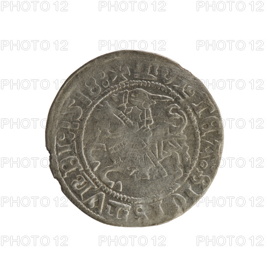 Lithuanian half-grosz, Sigismund I the Old (king of Poland; 1506–1548). Obverse: Pursuer turned left; in the rim between pearl borders an inscription: + MON, :SIGISMVNDI:1518:. Reverse: Polish crowned eagle; in the rim between pearl borders an inscription: :DVCIS:LITVANIE:. 1518. Jagiellon dynasty; emblems: eagle and Pursuer. Grand Duchy of Lithuania; Vilnius. Coin; Polish coin.
