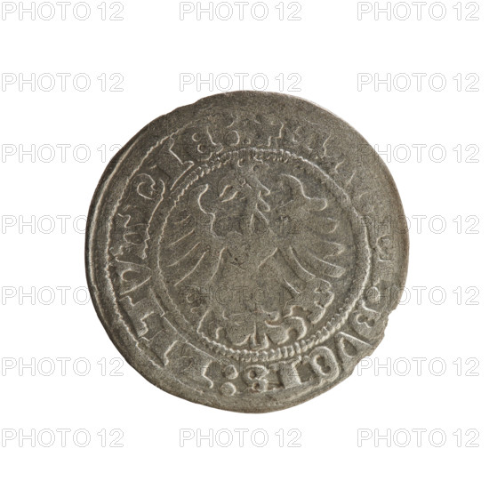 Lithuanian half-grosz, Sigismund I the Old (king of Poland; 1506–1548). Obverse: Pursuer (Lithuanian emblem) turned left; in the rim between pearl borders an inscription: + MON, :SIGISMVNDI:1518:. Reverse: Polish crowned eagle; in the rim between pearl borders an inscription: :DVCIS:LITVANIE:, 1518. Materials: coin; historical context: Grand Duchy of Lithuania, Vilnius, Poland; Jagiellonian dynasty; emblems: eagles.